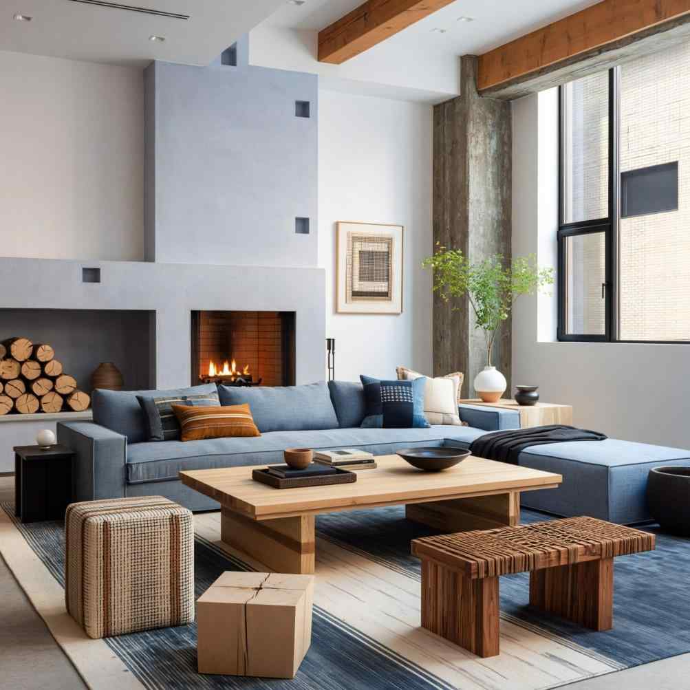 Grey and dusty blue living room combination