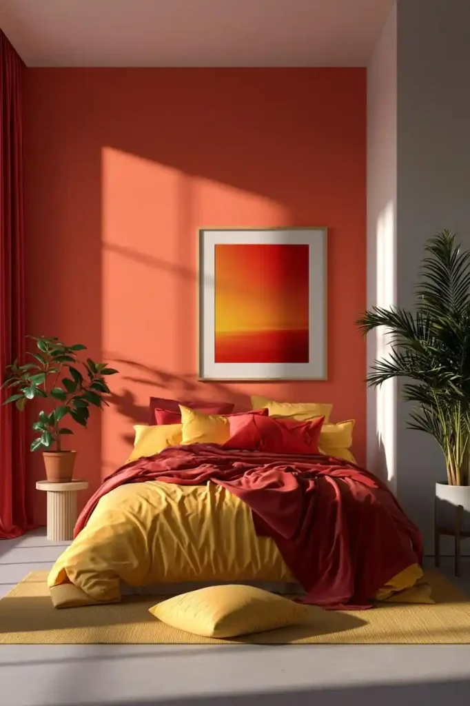  Terracotta bedroom wall with red and gold bedding
