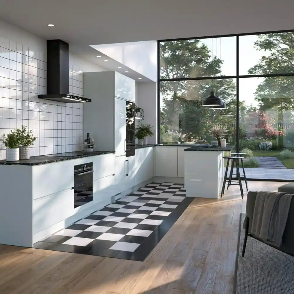 White kitchen wall tiles with checkered floor