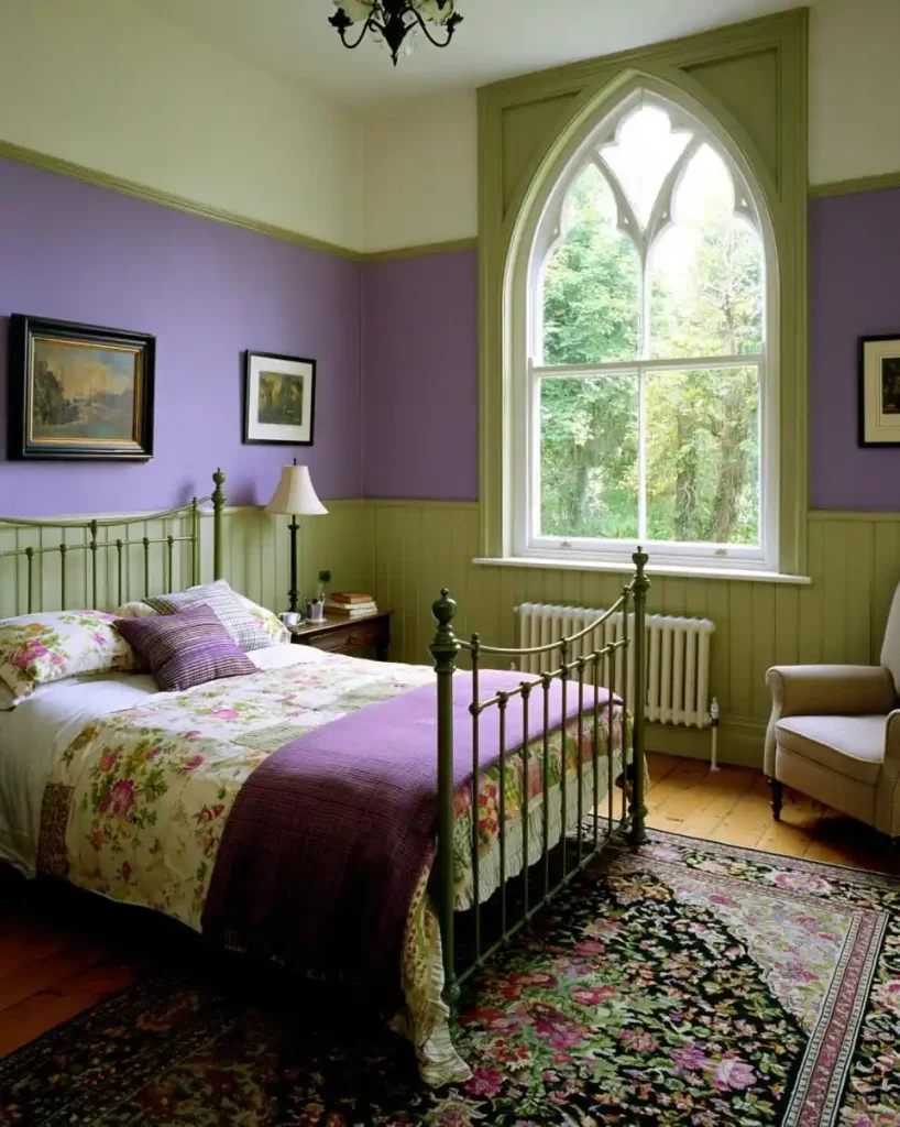 Purple and green two colour bedroom walls