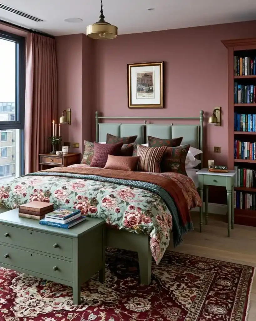 Dusty rose and sage green bedroom walls