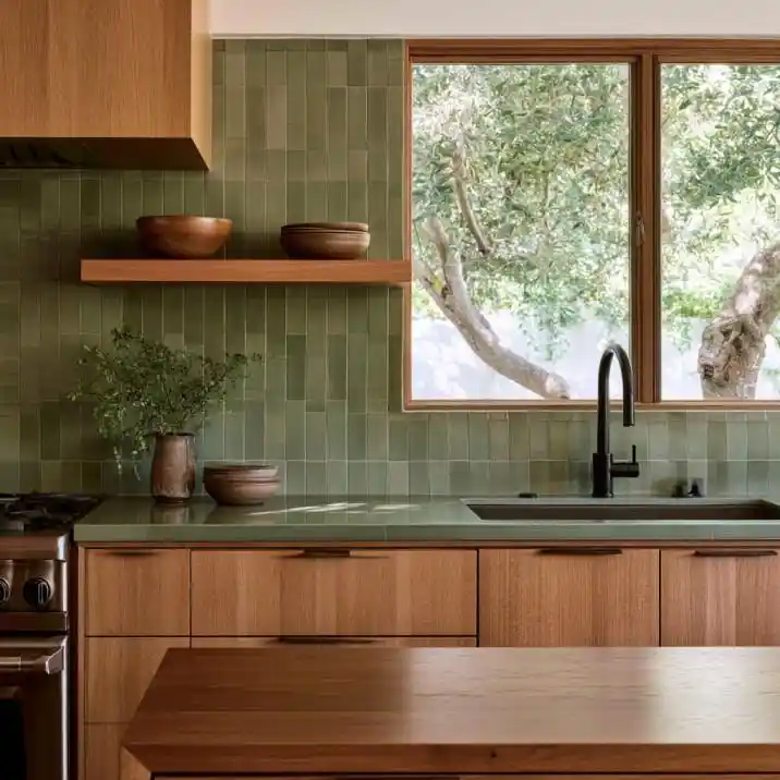Green kitchen wall tiles with wood cabinets