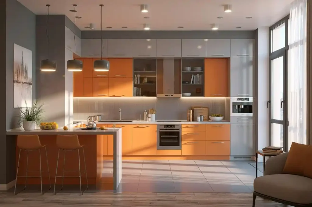Neutral kitchen tiles paired with orange cabinets